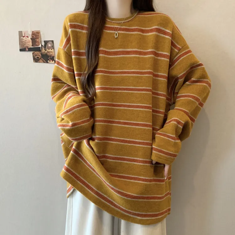 宽松慵懒圆领条纹长袖卫衣女秋冬2025新款大码胖mm中长款无帽上衣