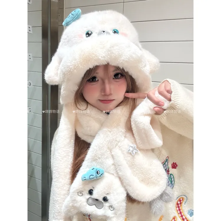 可爱卡通海豹毛绒帽ins韩拍照百搭显脸小耳朵会动秋冬保暖加厚