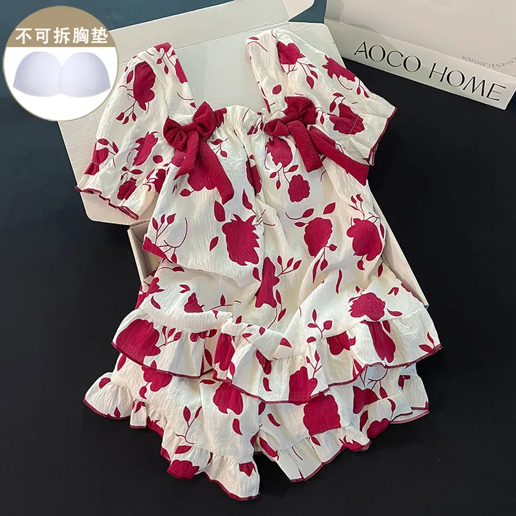 带胸垫睡衣女夏季新款红色蝴蝶结花朵短袖短裤甜美学生家居服套装