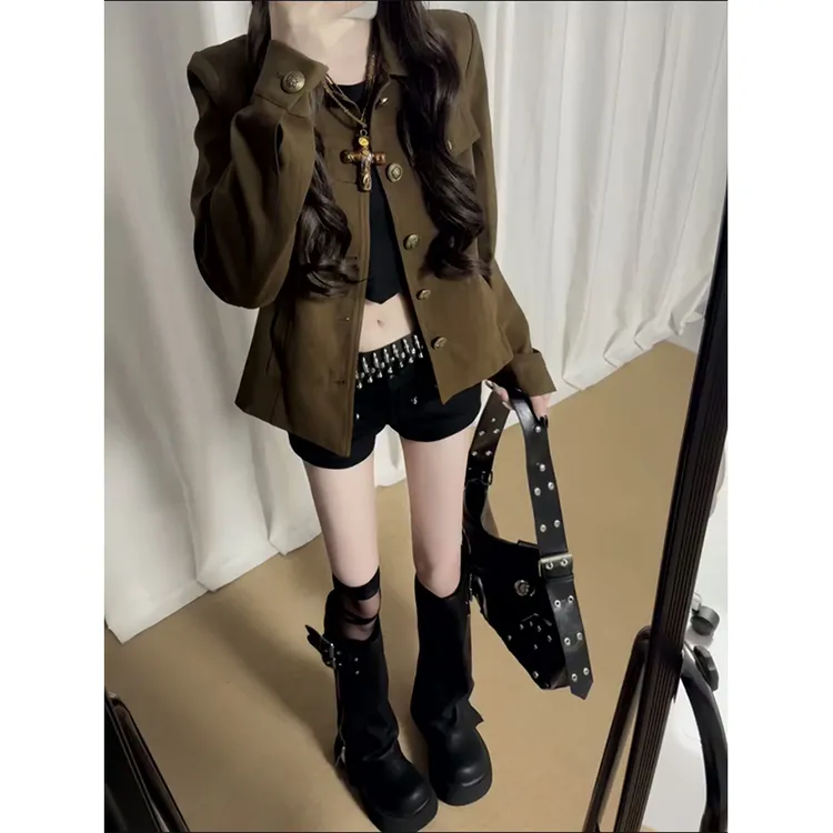 美式复古棕色外套女2025秋季新款设计感翻领机车服休闲工装风夹克