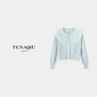 秋新款小香风时尚甜美绣花翻领蝴蝶结扭花针织衫女 8361