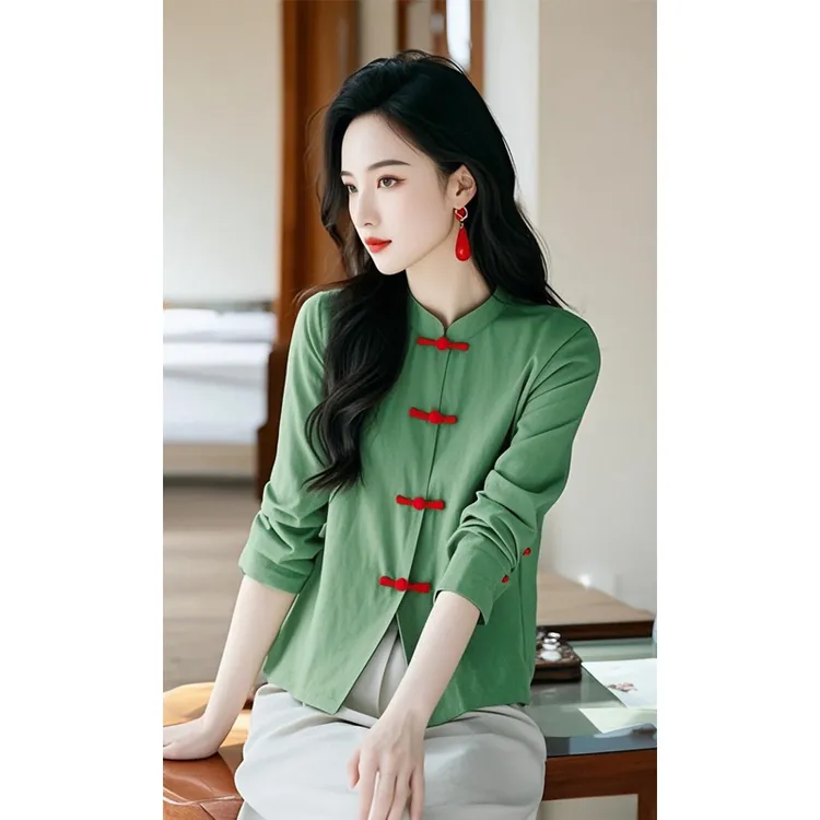 新中式盘扣宽松显瘦立领长袖衬衫女春夏新款国风大码百搭绿色衬衣