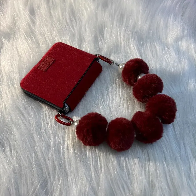 适用华为PuraX折叠屏手机壳秋冬酒红色毛绒珍珠绒球链全包保护套