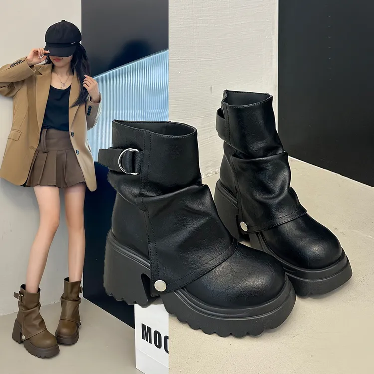 圆头马丁靴内增高中筒靴美拉德靴2025新款秋季英伦风短筒靴大码靴