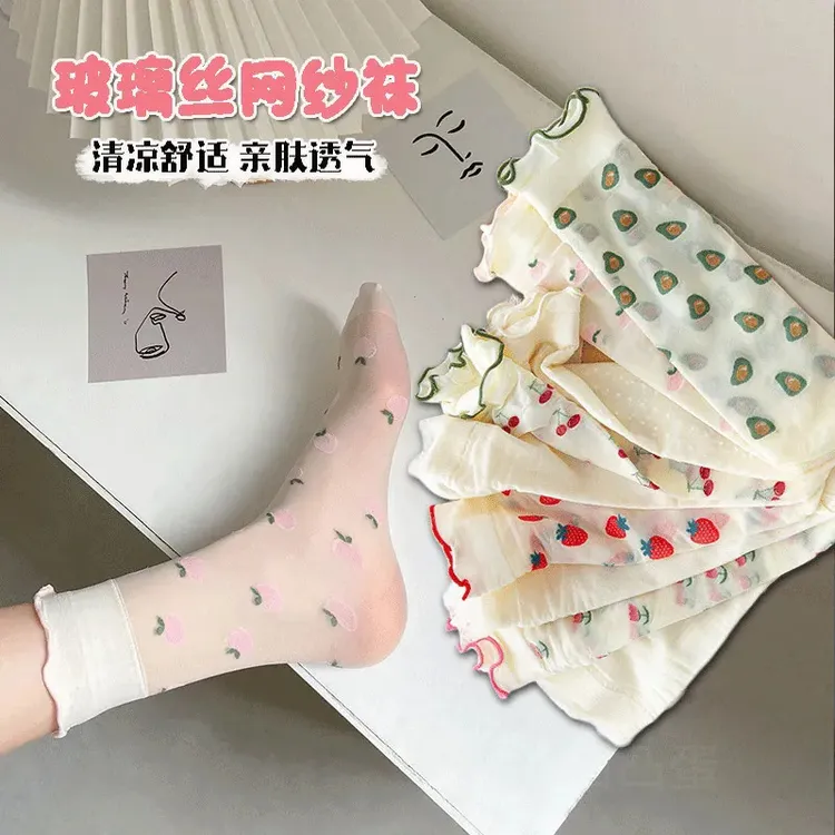 网纱玻璃丝长袜子女春夏季薄款ins潮可爱花边中筒堆堆袜透明E477