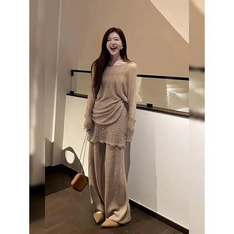 小香风气质穿搭一整套女秋装搭配蕾丝镂空针织衫上衣裤子两件套装