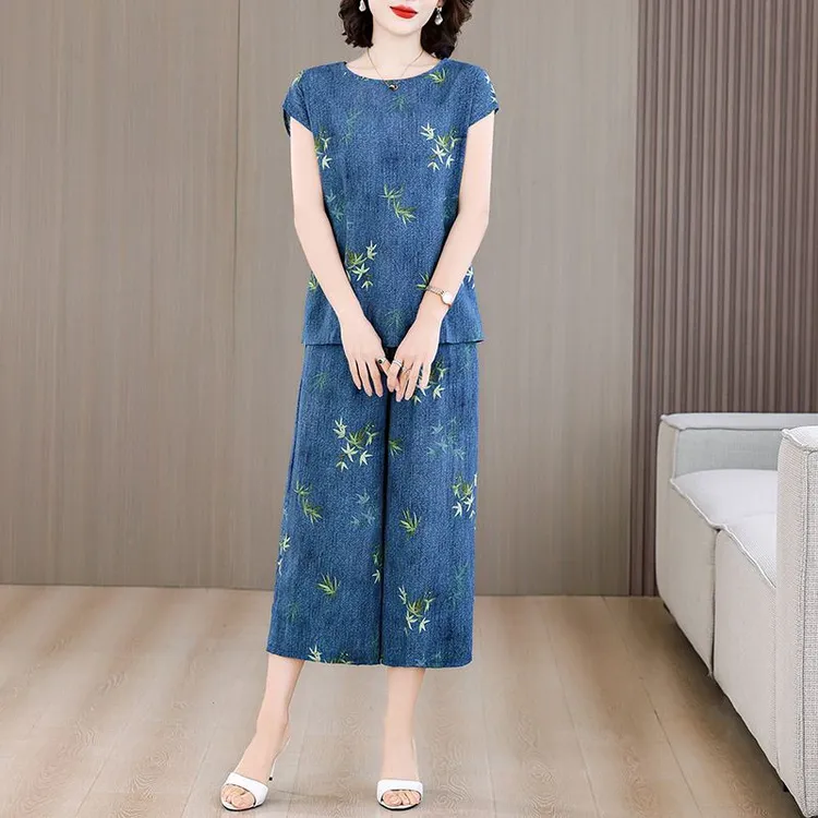 中老年两件套棉绸套装短袖时尚新款夏季七分裤子人造棉洋气妈妈装