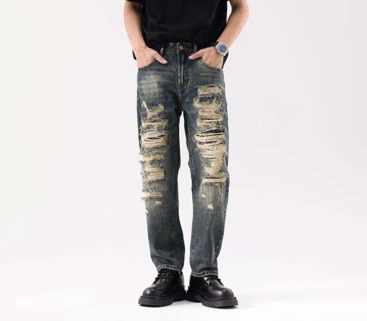 【JONY潮品】微锥版－秋冬新品美式复古潮牌水洗时尚破洞直筒牛仔裤