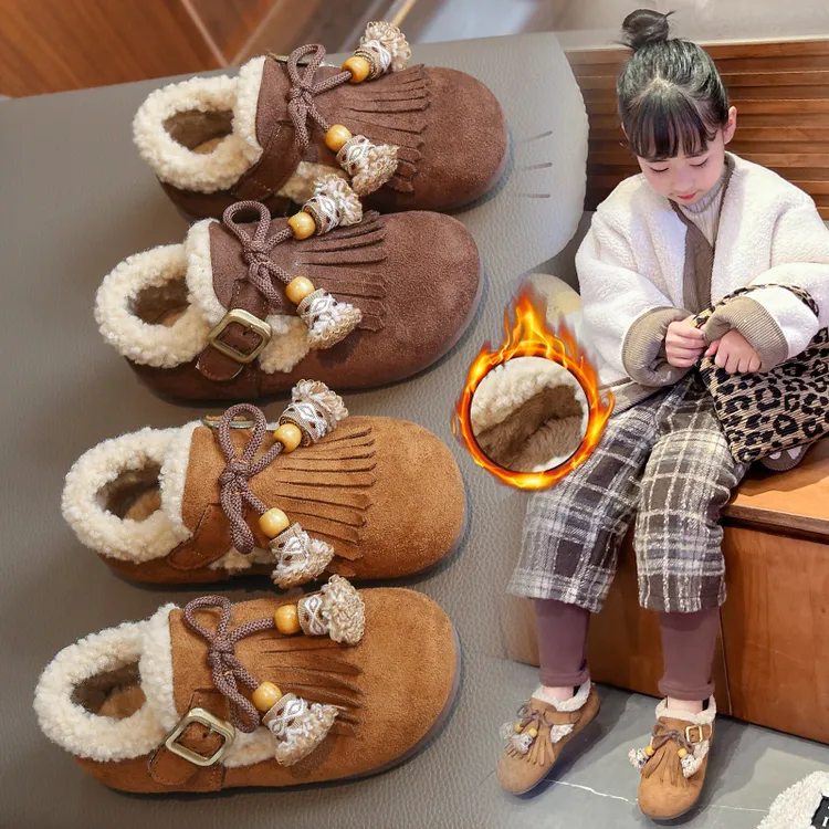 女童磨砂皮流苏加绒保暖豆豆鞋2025秋冬新款韩版低帮时尚百搭棉鞋