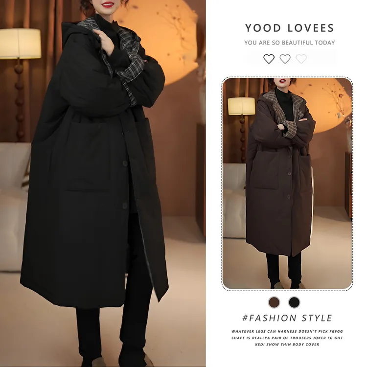 复古休闲宽松中长款棉服女秋冬季加厚保暖连帽夹棉棉衣格子外套潮