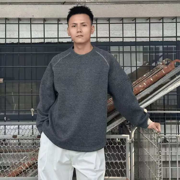 冬季潮牌重磅加绒保暖圆领卫衣男高档简约宽松百搭休闲上衣打底衫