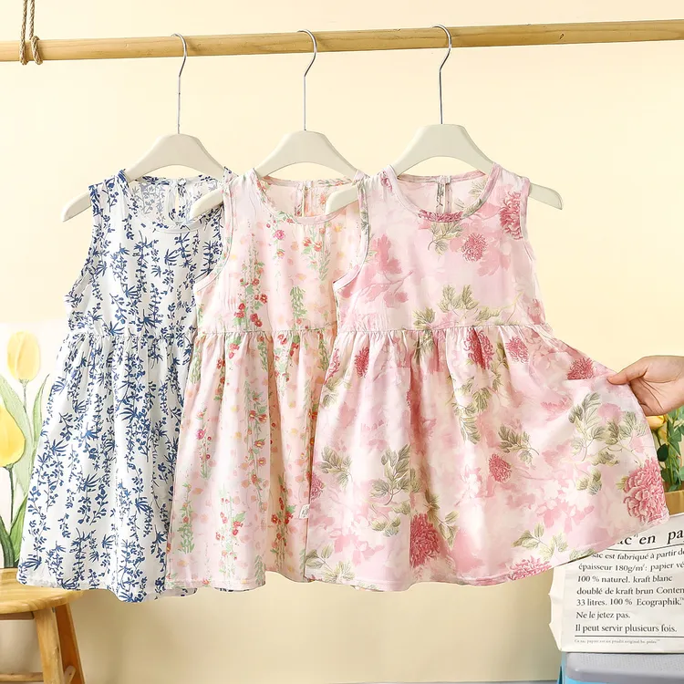 夏天女童碎花裙子莱赛尔棉绸连衣裙背心裙公主裙女宝宝睡裙沙滩裙