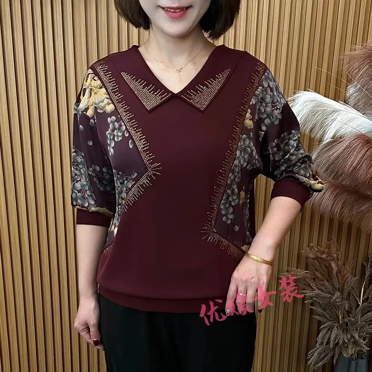 2025春季时尚娃娃领不对称拼接宽松显瘦洋气妈妈装长袖上衣 A1908