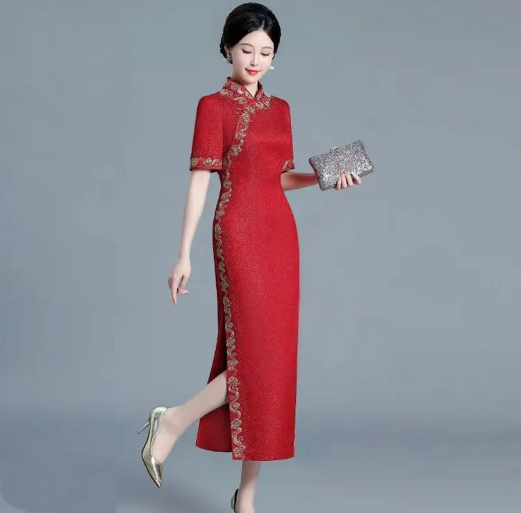 2025秋冬新款旗袍连衣裙醋酸高档气质高贵喜婆婆喜妈妈宴会礼服
