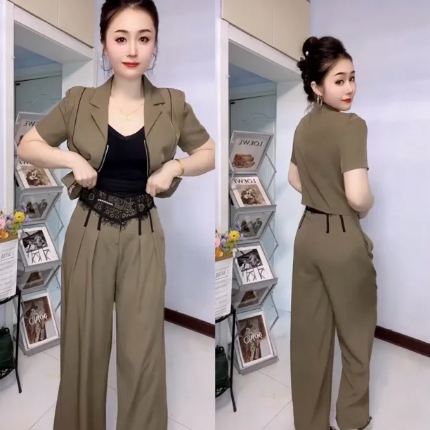 时尚潮流2025夏季高级感拼色短款拉链西服搭配阔腿裤套装