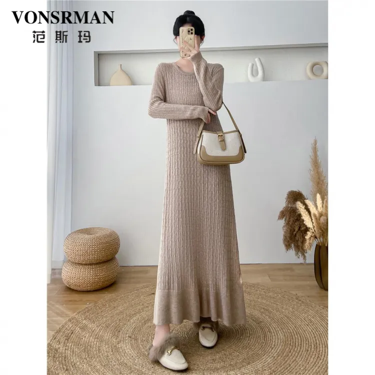 时尚大码V领毛衣裙女装2025秋冬新款宽松侧边开叉过膝针织连衣裙