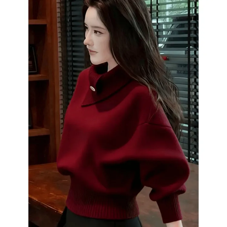 2025秋冬韩系高知老钱风轻熟设计感软糯慵懒橘色高领打底针织衫女
