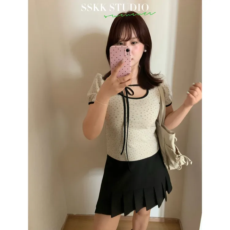 KMZY/KMZY山_山【活力少女】微胖韩系蝴蝶结系带碎花显瘦短袖T恤女