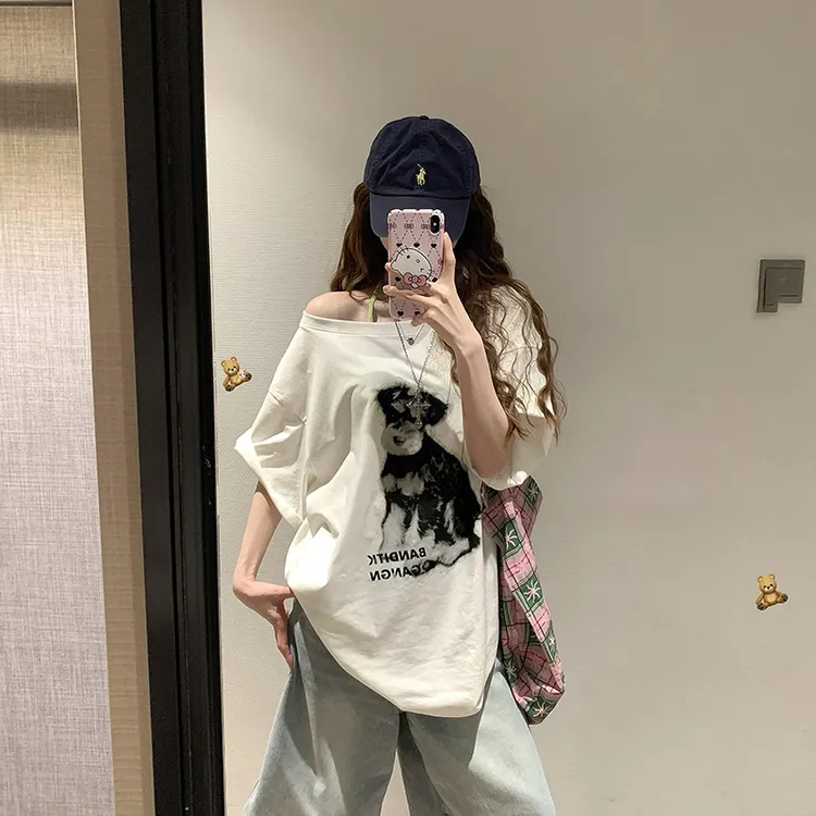 韩系百搭趣味卡通印花短袖T恤女夏季气质宽松中长款休闲减龄上衣