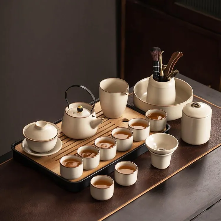 米黄汝窑功夫茶具套装家用陶瓷茶壶盖碗茶杯茶盘轻奢高档喝茶中式
