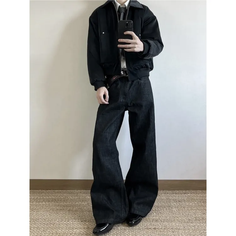 高街红耳红边原色男士牛仔裤整洁直筒微喇叭字牛仔休闲裤