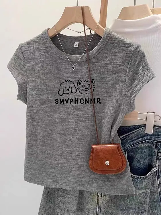 灰色韩系正肩肌理感短袖T恤女夏季修身显瘦圆领百搭上衣潮女士