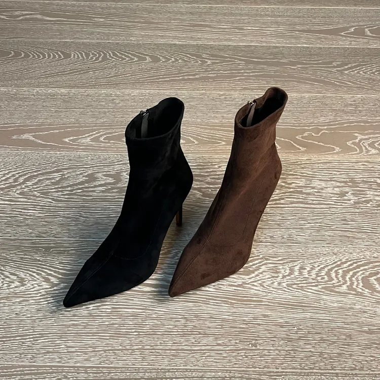 10CM绒面弹力靴秋冬高跟时装靴性感风筒靴尖头韩版袜靴冬季女鞋