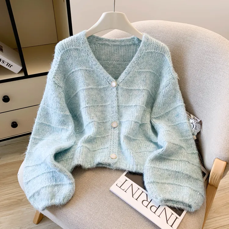 SM潮流加厚高级感V领短款开衫针织毛衣女上衣设计感亮丝洋气外套