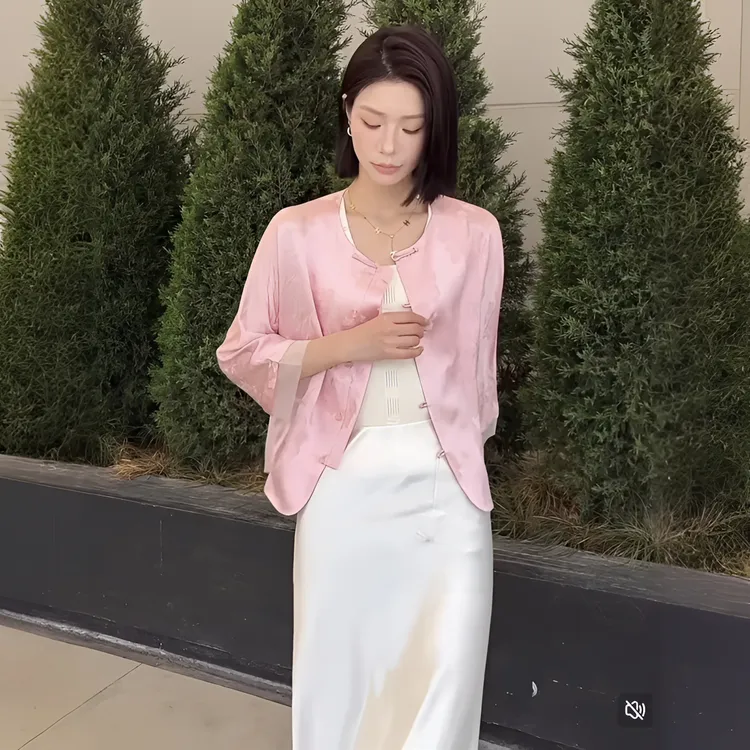 2025夏季袖口欧根纱拼醋酸薄款外搭新中式国风外套女装高端防晒