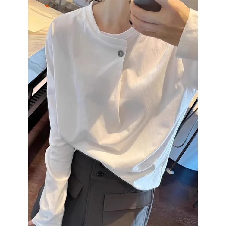 欧货纯棉一粒扣白色长袖T恤早秋女装2025新款宽松显瘦打底衫上衣