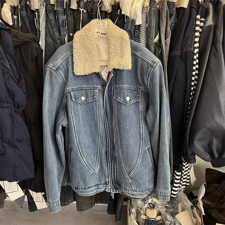 蓝色港风毛毛加绒牛仔外套女2025新款秋冬高级感小个子穿超好看