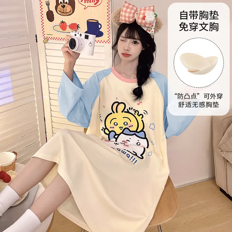 睡衣女款爆款2025新款春秋季带胸垫长袖睡裙学生大码高颜值连衣裙