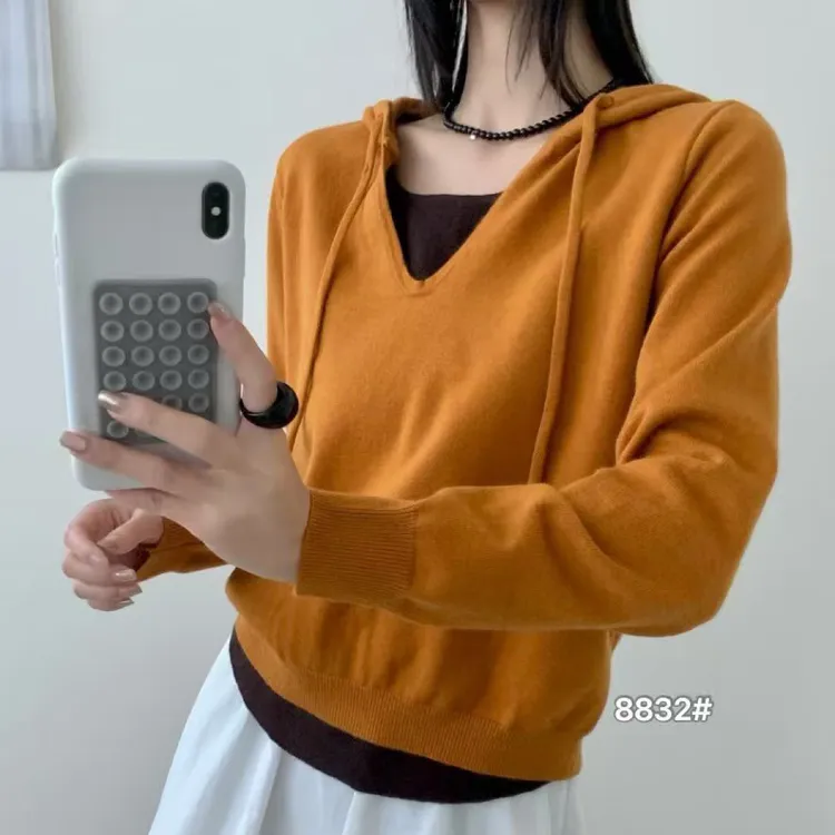 宽松型撞色针织衫时尚秋冬纯色网红毛针织衫针织连帽显瘦8832