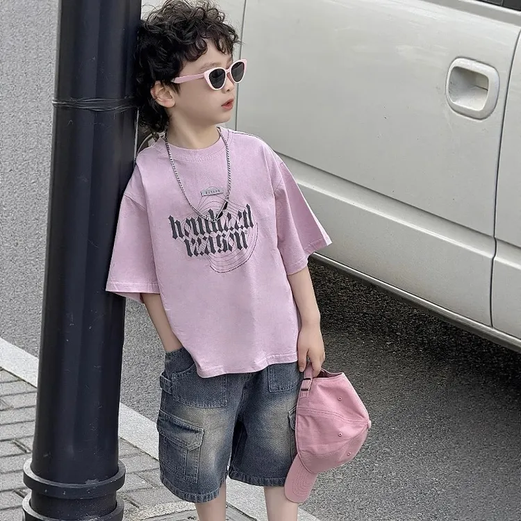 男童短袖T恤2025新款夏季粉色儿童夏装上衣男孩休闲韩版痞帅体恤t