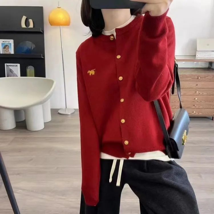哥弟阿玛施正品红色毛衣女款2025秋冬季新款洋气百搭针织开衫上衣