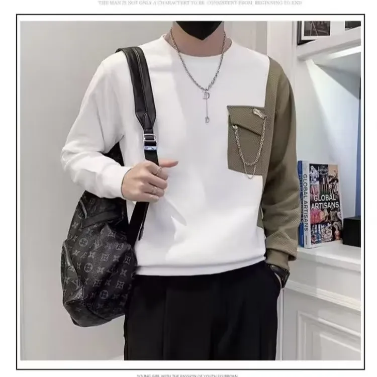 圆领假两件T恤男士长袖潮牌卫衣春秋打底上衣2025新款高端百搭衫