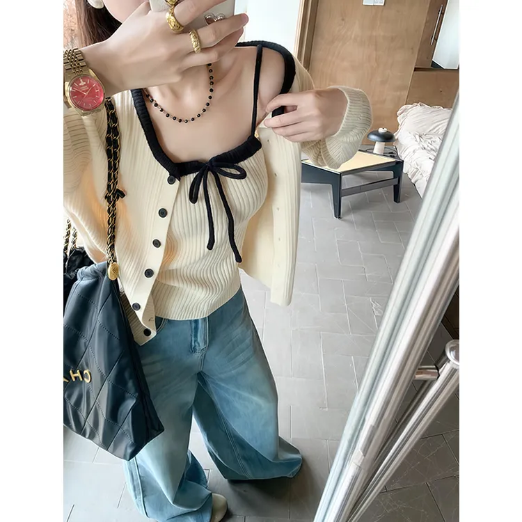 韩系修身显瘦针织开衫配吊带女早秋季毛衣外套外搭上衣氛围感穿搭
