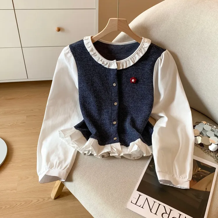 新款泡泡袖拼接减龄针织长袖上衣法式独特别致木耳边假两件衬衫女