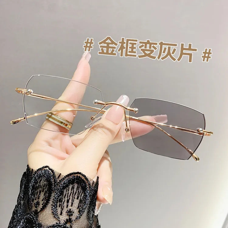 【新疆西藏包邮】变色防蓝光无框眼镜钻石切边韩版超轻铜合金眼镜