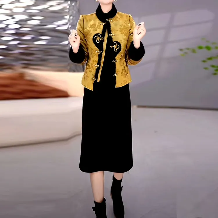 时尚新中式加厚两件套连衣裙2025冬季新款修身国风提花洋气套装裙