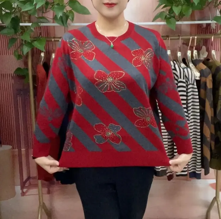 气质中年妈妈减龄针织衫冬季保暖上衣高级感烫钻厚款条纹拼色毛衣