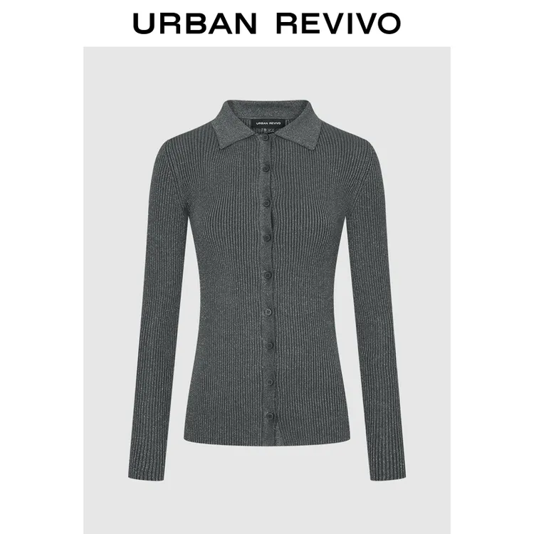 UR2025秋季新款女装简约气质格雷系翻领针织开衫UWG950220