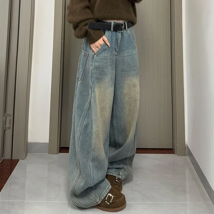 25冬季流行复合绒扎染废土风弯刀加绒加厚阔腿裤拖地牛仔裤高腰