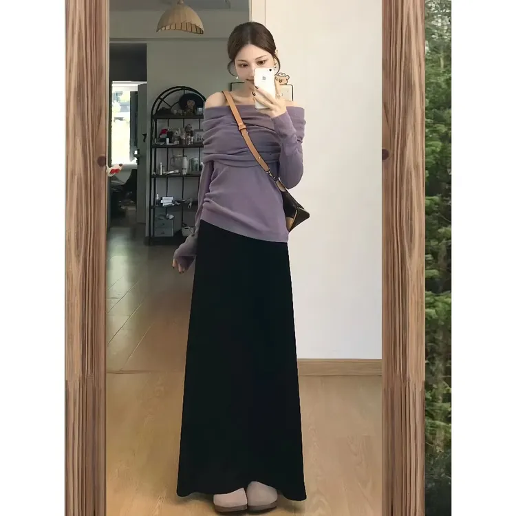 法式紫色一字肩低领长袖针织衫女早秋气质打底毛衣内搭高级感上衣
