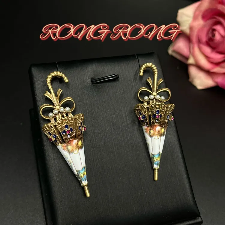 合金亚克力耳饰 欧美中古vintage宫廷风重工创意雨伞耳钉复古西洋