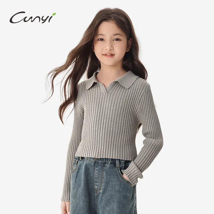 纯一良品童装女童长袖针织衫2025春季新款中大童复古翻领短款毛衣