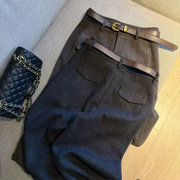 （不含腰带）毛呢阔腿休闲裤女2025秋冬新款高腰显瘦九分直筒裤