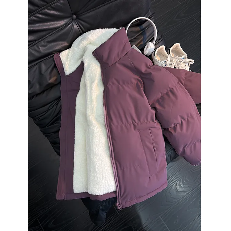 绝绝紫色立领短款棉服男款冬季羊羔绒外套防寒保暖加绒加厚面包服