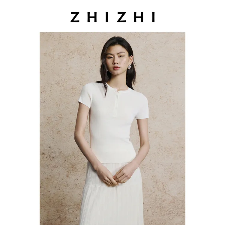 致知 白蘋 无缝全羊毛亨利领短袖针织衫ZZ2EAKZN106