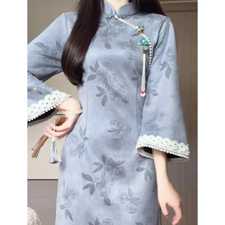 2025春季新款倒大袖改良旗袍新中式国风小个子气质优雅淑女范长裙